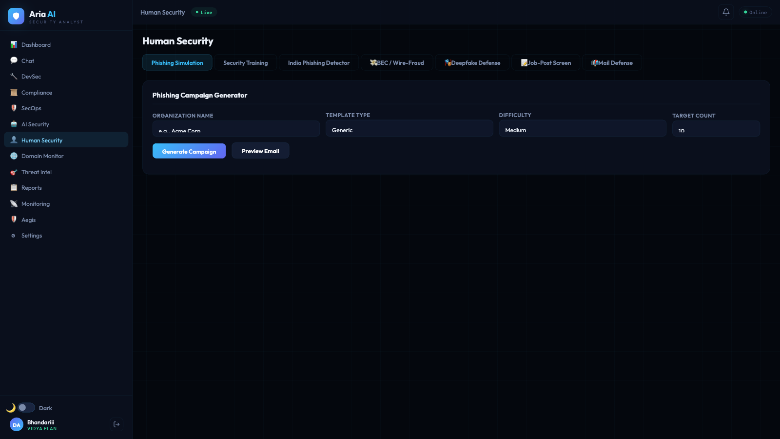 Human Security — Phishing Simulation + India Detector