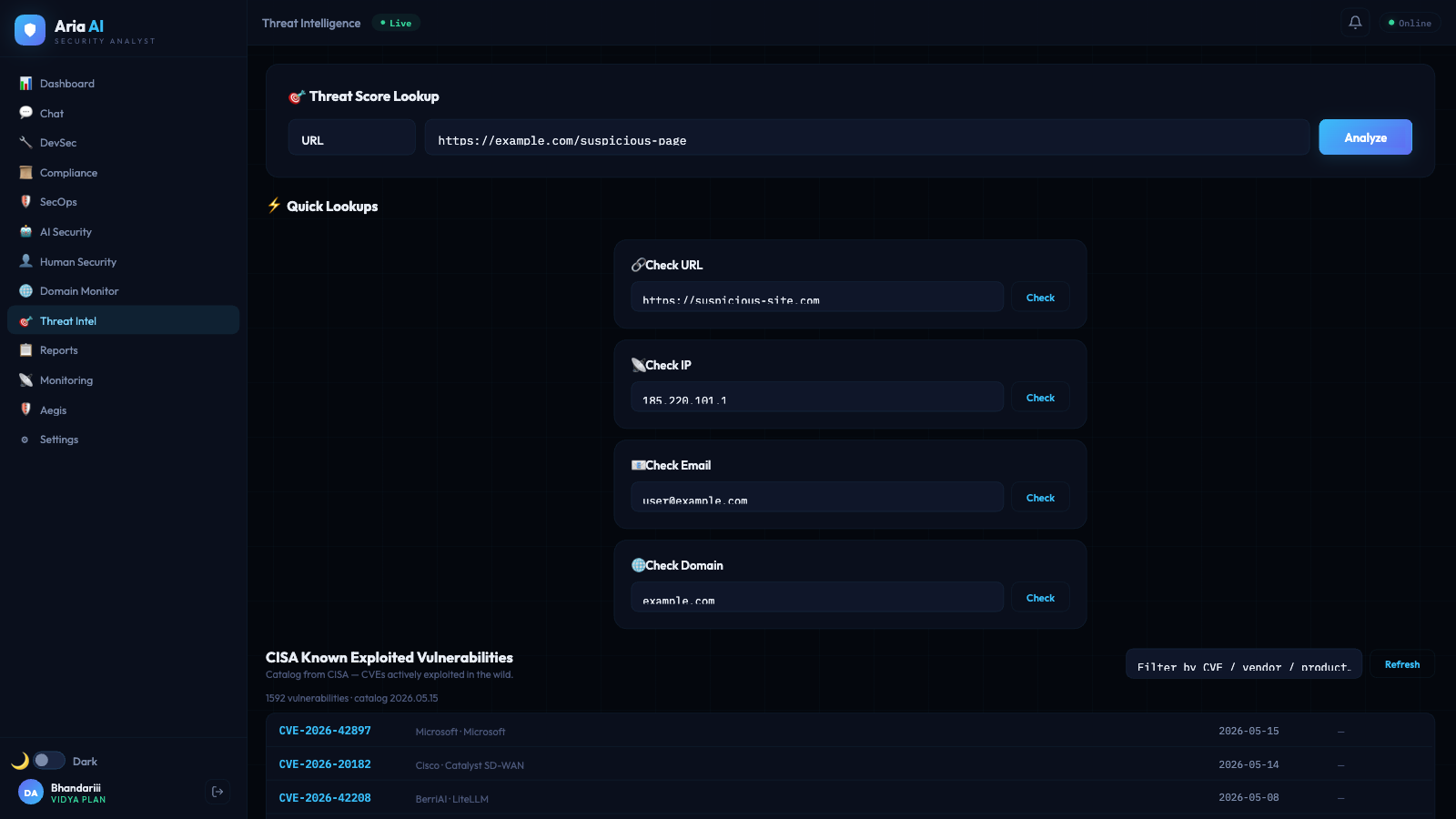 Threat Intelligence — Threat Score + Quick Lookups